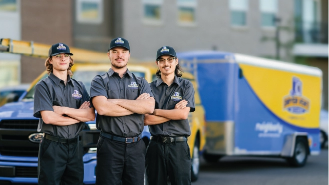 Three employees standing in front of a blue and yellow service van.