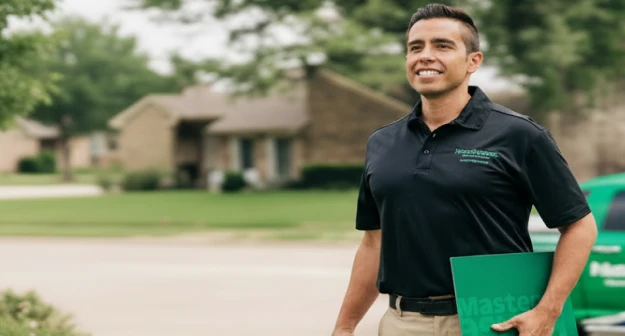 A HouseMaster inspector is holding a green clipboard.