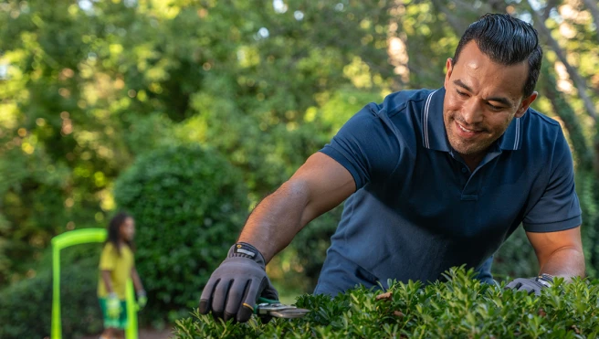 Man is cutting the grass.