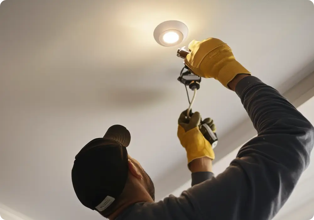 Electrician installing wiring while wearing light yellow protective gloves.