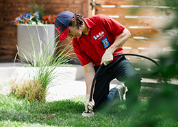 Mr. Rooter plumber viewed from a ground-level camera angle.