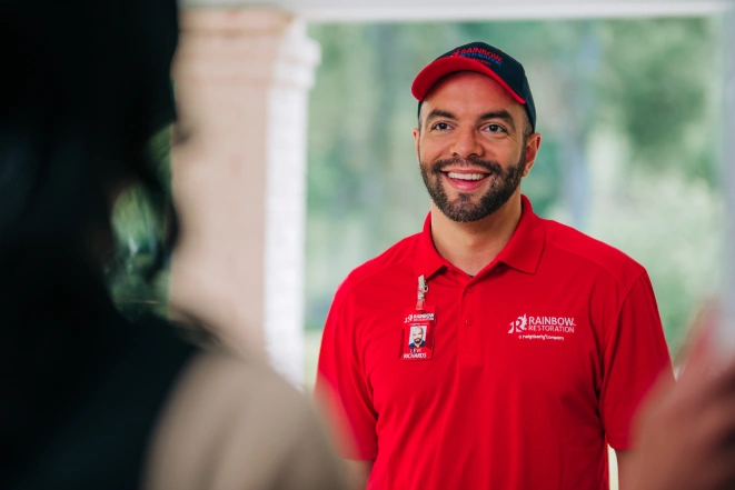 Rainbow Restoration technician greeting a customer.