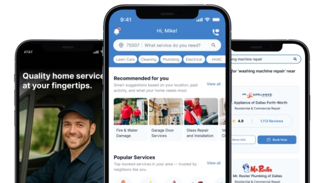 Three phones showing Neighborly app.
