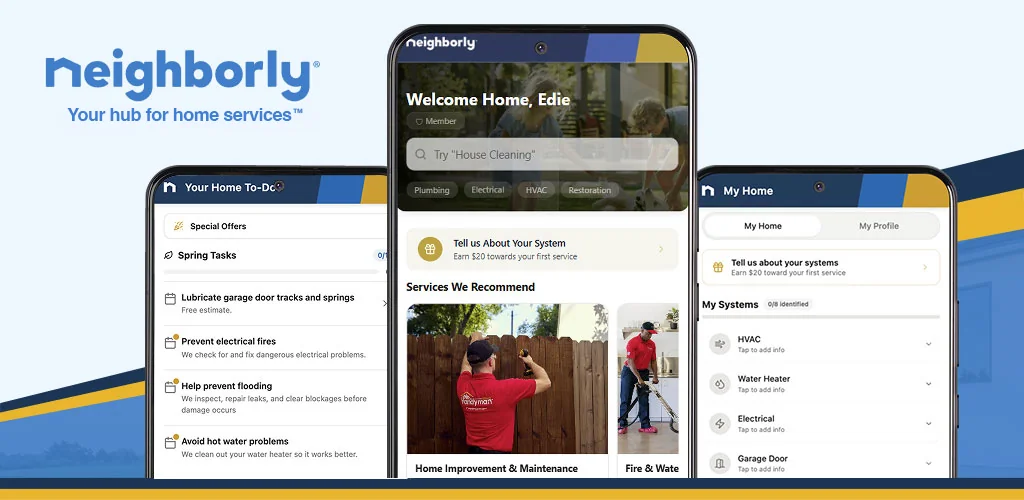 Three Neighborly app screens.