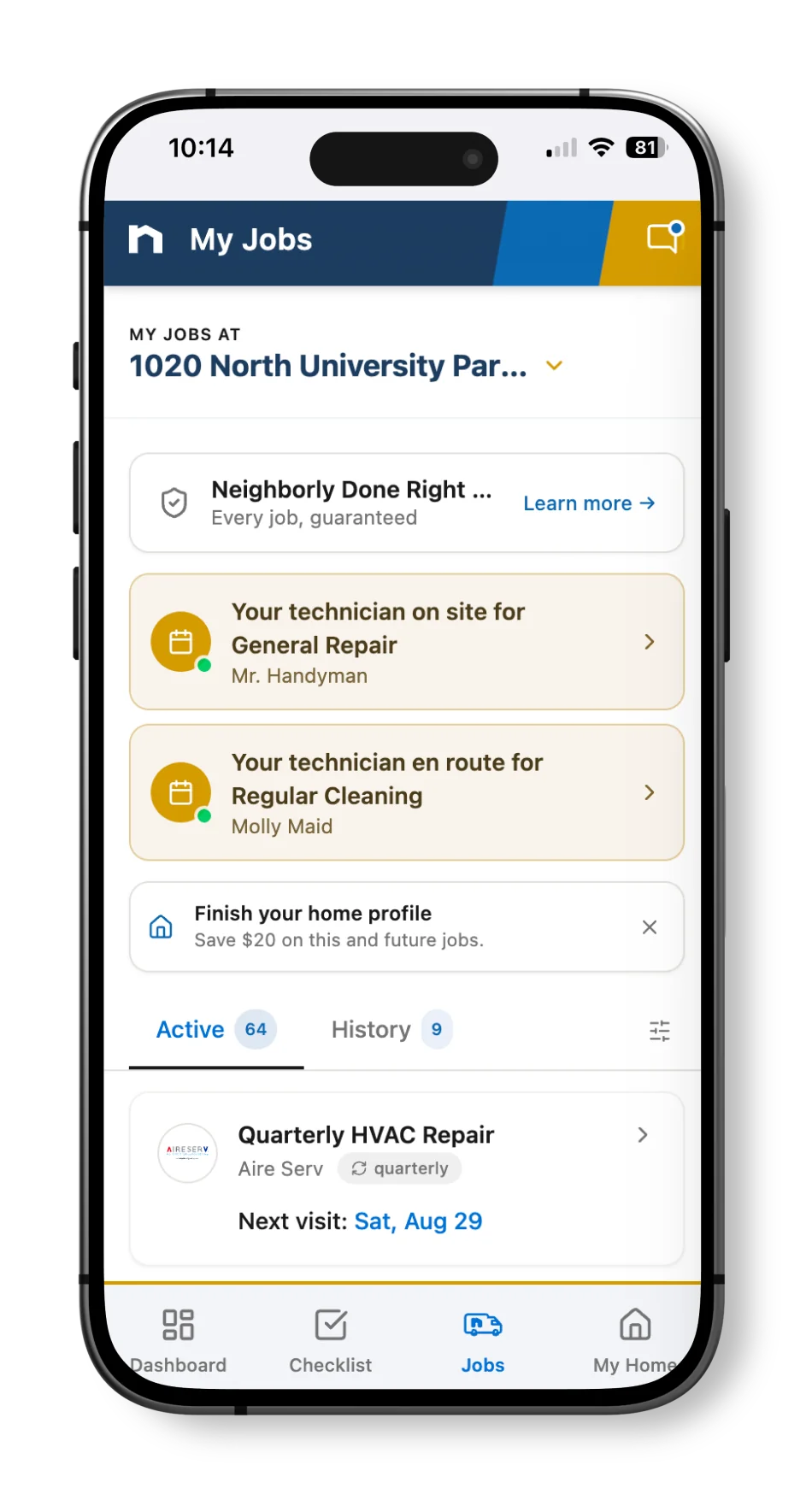 Neighborly App jobs progress displayed on smartphone screen.