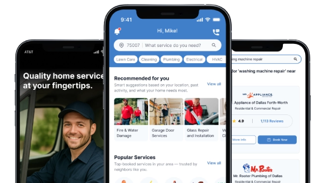 Three phones showing Neighborly app.