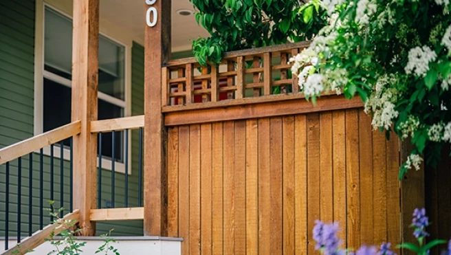 A wooden porch railing with vertical slats and plants growing nearby.