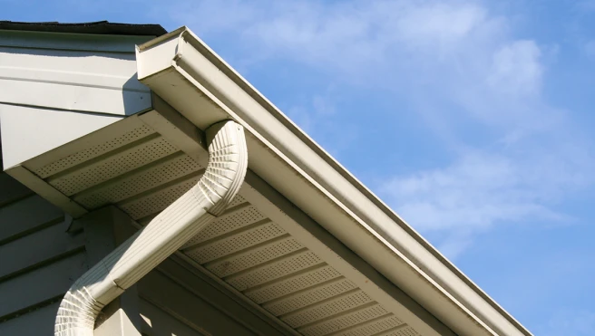 Close-up of a residential gutter system.