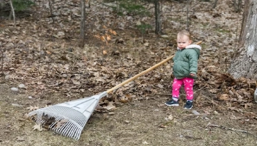 Toddler holding a rake in a leaf covered yard