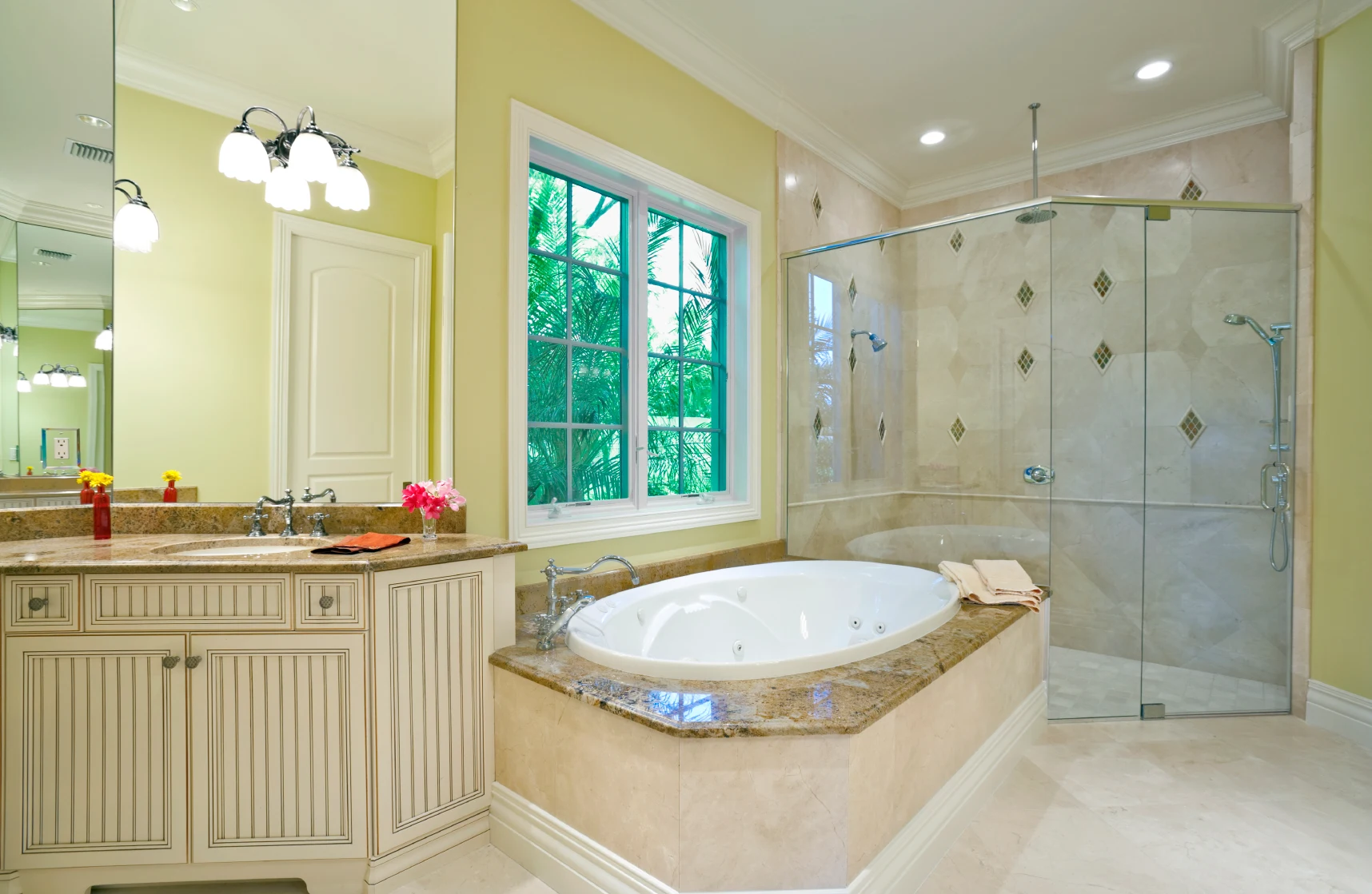 High end bathroom painted muted yellow.