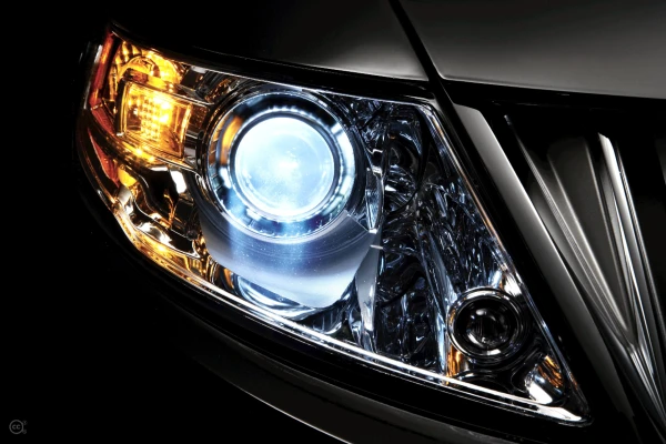 Illuminated front headlamp of a vehicle.