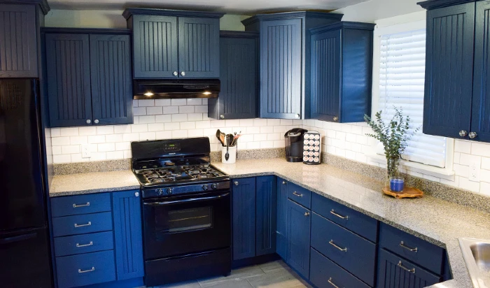 Modern kitchen with blue cabinets