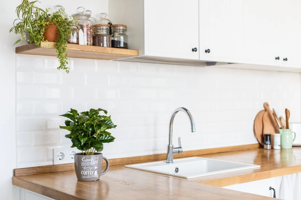 Bright kitchen sink with white tile backsplash and plants.