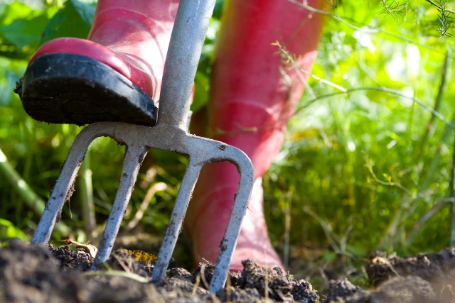 foot digging hoe into ground