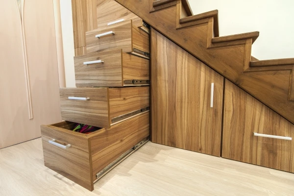 Custom built pullout cabinets on glides in slots under wooden stairs.