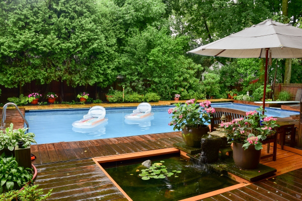A beautiful inground pool with a wood deck surrounded by greenery and a built-in koi pond.