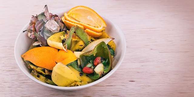 bowl of vegetable scraps for gardening