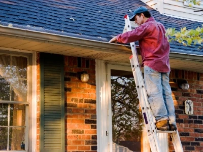 Man on a ladder cleaning leaves and debris from the gutter pf a residential home. 