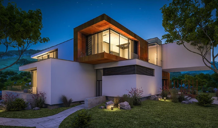 Modern home illuminated by moonlight