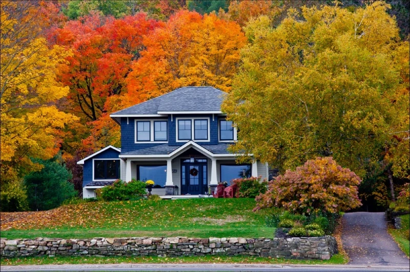 front of home among bright fall trees.