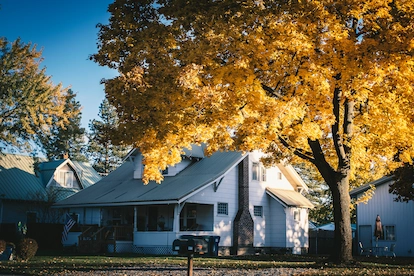Two story farmhouse surrounded by trees with golden leaves.