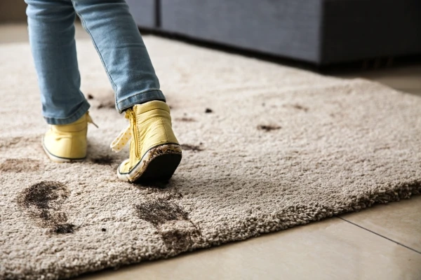 Young child with muddy shoes tracking mud across a beige carpet.