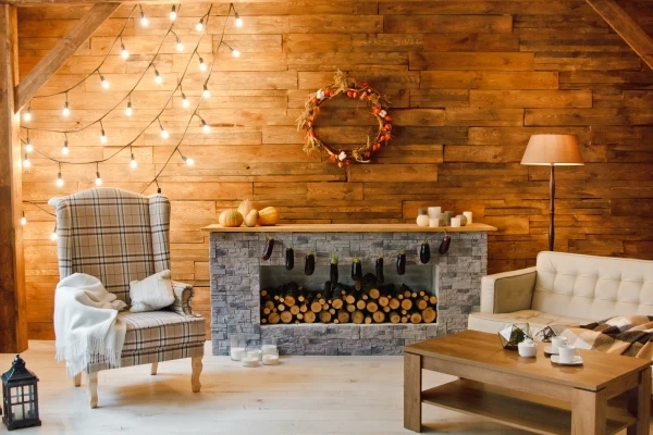 Interior of room with armchair near a fireplace with firewood, wooden wall, wreath and garlands, in a Christmas atmosphere.