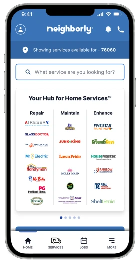 Neighborly app on a mobile phone screen showing all brand logos.