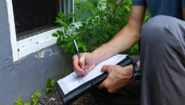A close-up view of an inspector checking exterior walls and windows of a residential home, using a pen and pad to fill in the inspection form.