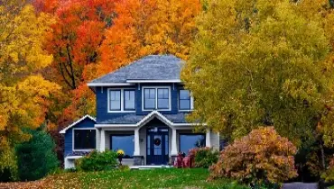 front of home among bright fall trees.