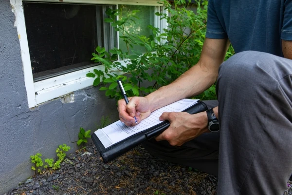 A close-up view of an inspector checking exterior walls and windows of a residential home, using a pen and pad to fill in the inspection form.