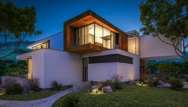 Modern home illuminated by moonlight.