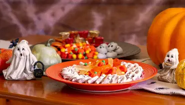 Halloween candy on a plate.