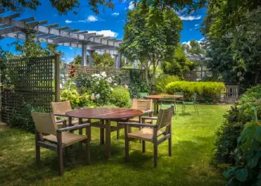 Outdoor dining area surrounded by green foliage.