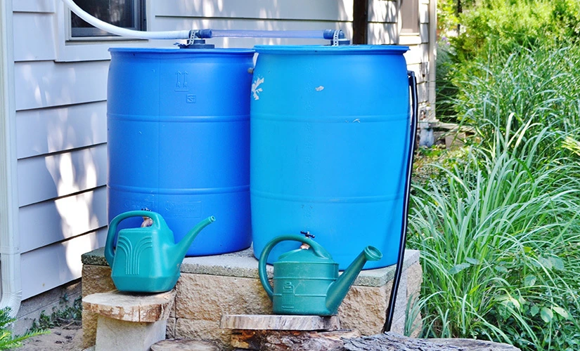 Blue rain barrels.