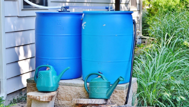 Blue rain barrels.
