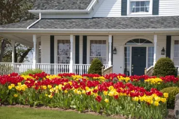 two story white home with red and yellow tulips in front
